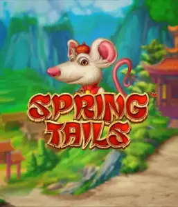 An enchanting illustration of a mouse wearing a red traditional Chinese outfit positioned in front of a picturesque mountain backdrop. The image is for the Spring Tails game by Betsoft, highlighted with prominent gold and red logo lettering.