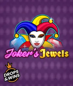 Enjoy the playful ambiance of Joker's Jewels slot by Pragmatic Play, featuring a captivating joker's mask adorned with a vivid jester hat. This graphic evokes the joyful spirit of traditional joker games, set against a lavender background. Perfect for those who love classic slot games, promising a delightful play experience. 