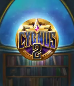 Explore the magical graphics of Cygnus 2 Slot by ELK Studios, showcasing a stunning logo with a bright design in purple and gold. Set against a starlit library setting, this image captures the essence of adventure and mystery. 